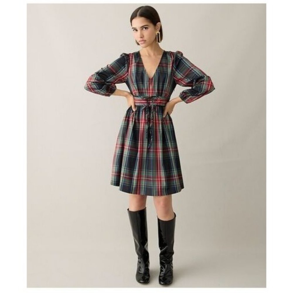 J. Crew Womens V-neck A-line Taffeta Mini Dress Stewart Tartan Print Size 2
